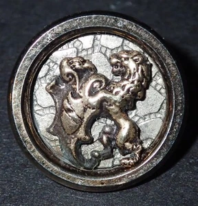 Antique Victorian Picture Button Sterling Silver Rampant Lion w MOP & Bronze 5/8 - Picture 1 of 4
