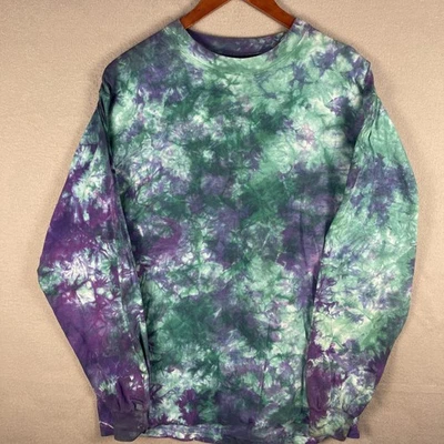 Camiseta Masculina Tie Dye Vintage Grande Verde Roxa Ponto Único Manga Longa Fabricada nos EUA - Imagem 1 de 4