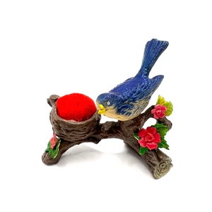 Vintage Bird And Nest Colorful Pin Cushion Flowers Branch Twig - Picture 1 of 16
