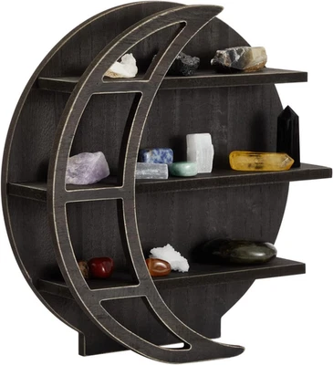 Estante de madera para luna - Estante de exhibición de cristal de piedra de luna negra para pared de hogar rústico  Foto 1 de 4