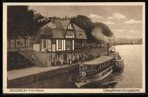 Hameln a./d. Weser, Ansichtskarte, Dampferlandungsplatz mit Passagieren  - Picture 1 of 2