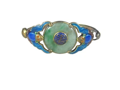 Antique Enamel Cloisonné Jade Bracelet Chinese Export Silver Enamel Bats Symbols - Image 1 of 4