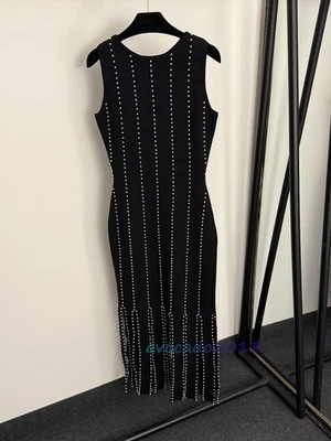 Vestido largo de punto envuelto con borlas sin mangas a rayas perladas Sandro para mujer Foto 1 de 4