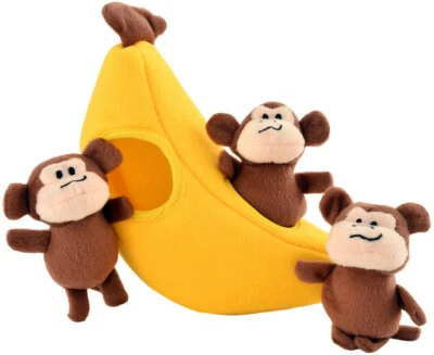 Zippy Paws Burrow Banana 3 Monkeys Interactive Plush Squeaky Dog Puzzle Toy 10" - Image 1 of 3