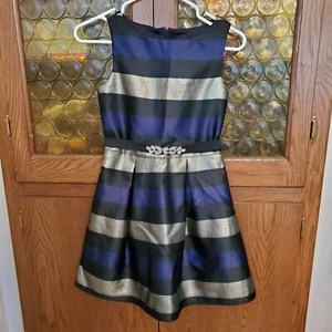 Excellent Used Condition Striped Dress With Metallic Detailing And Rhinestone... - Picture 1 of 4