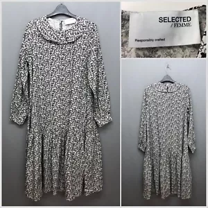 Selected Femme Black & White Mix Smock Swing Dress UK 10 EUR 38 Retro Peasant - Picture 1 of 18