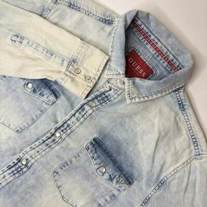 Guess Shirt Men's M Chambray Acid Wash Denim Pearl Snap Pockets Western - Picture 1 of 7