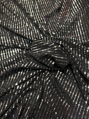 4 METRES GOOD QUALITY LUREX JERSEY STRETCH SHINY SEQUINED DRESS FABRIC BLACK/SIL - Image 1 of 3