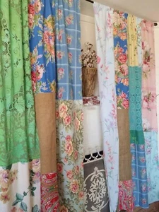 2 Pcs Indian Sari Patchwork Curtain Drape Window Decor Multi Silk Sari Curtain - Picture 1 of 5