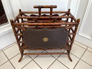 ANTIQUE VINTAGE BAMBOO AND TOOLED LEATHER MAGAZINE RACK STAND - MAITLAND SMITH