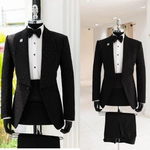 Check Men Suits Regular Fit Beaded Shawl Lapel Formal Tuxedos Formal Prom Dinner - Picture 1 of 28