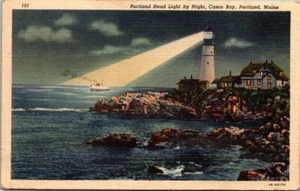 1942 Portland Head Light by Night Casco Bay Maine Color Linen Postcard w/Postage - Picture 1 of 2