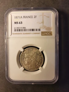 France silver 2 franc 1871 A (Paris) uncirculated NGC MS63 - Picture 1 of 2