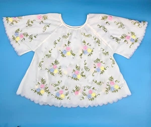 VTG OFF WHITE FLORAL EMBROIDERED SCALLOPED EDGE BELL SLEEVE BOHO HIPPIE TOP - Picture 1 of 4
