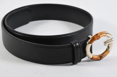 Q46V84- Gucci Cinturón Cuero Negro con Metal Bambú Hebilla - Imagen 1 de 4