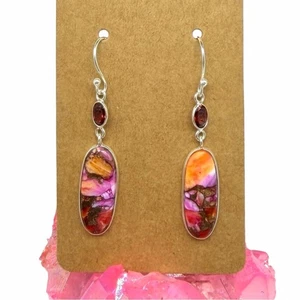 Kingman Pink Dahlia Turquoise Earrings Spiny Oyster Garnet 925 Sterling Silver - Picture 1 of 5