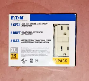 Confezione 3 GFCI 15A-125V Duplex Antimanomissione Eaton TRSGF15LA-3-LW Mandorla Chiara - Foto 1 di 2