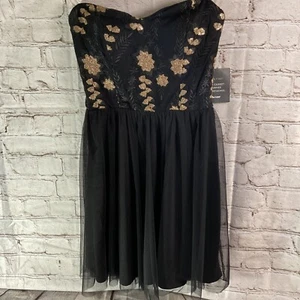 Charlotte Russe schwarzes trägerloses Kleid Gr. S Gold Stickerei Tüll Whimsigoth Abschlussball - Bild 1 von 9