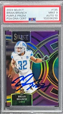 BRIAN BRANCH SIGNED 2023 PANINI SELECT PURPLE #135 Rookie PSA 9 AUTO 53/75 - Image 1 of 2