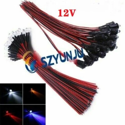 DC 12V 3mm-10mm  Clear LED Diode With Holder Wire Light Emitter Pre-Wired Cable - Image 1 of 4