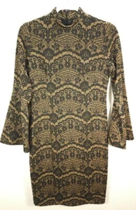 Women Alex Marie Black Gold Metallic Flare Sleeve Bodycon Turtleneck Dress Sz 6 - Picture 1 of 7