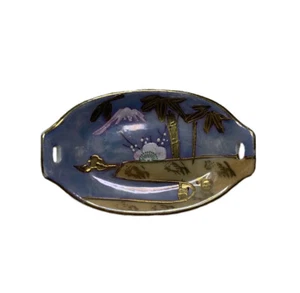 Vintage handbemalt blau und gold Porzellan Glanzgeschirr kleine Salzschale Berg - Bild 1 von 4