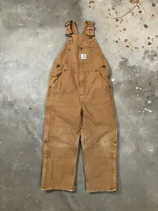 Carhartt Lined Overall Boys 7  Canvas Brown Double Knee Bib Insulated - Picture 1 of 13