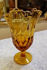 Vintage Fenton Amber Gold Handkerchief Thumbprint Pedestal Stretch Glass Vase - Picture 1 of 4