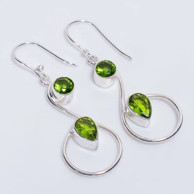 Peridot Gemstone Ethnic Style Handmade 925 Sterling Silver Earrings 2.1" a063 - Image 1 of 4