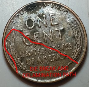 1945 Lincoln Wheat Cent With Huge Reverse DELAMINATION And Die Break Error - Picture 1 of 7