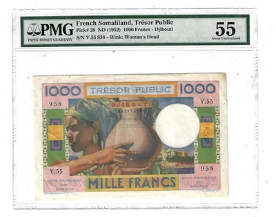 55 PMG 1000 Francs 1952 French Somaliland Djibouti Tresor Public Banknote  # 28 - Image 1 of 4