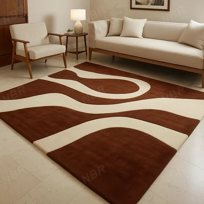 Hand Tufted Modern Brown And Cream Abstract Wool Rug For Living Room Soft Area - Image 1 of 4