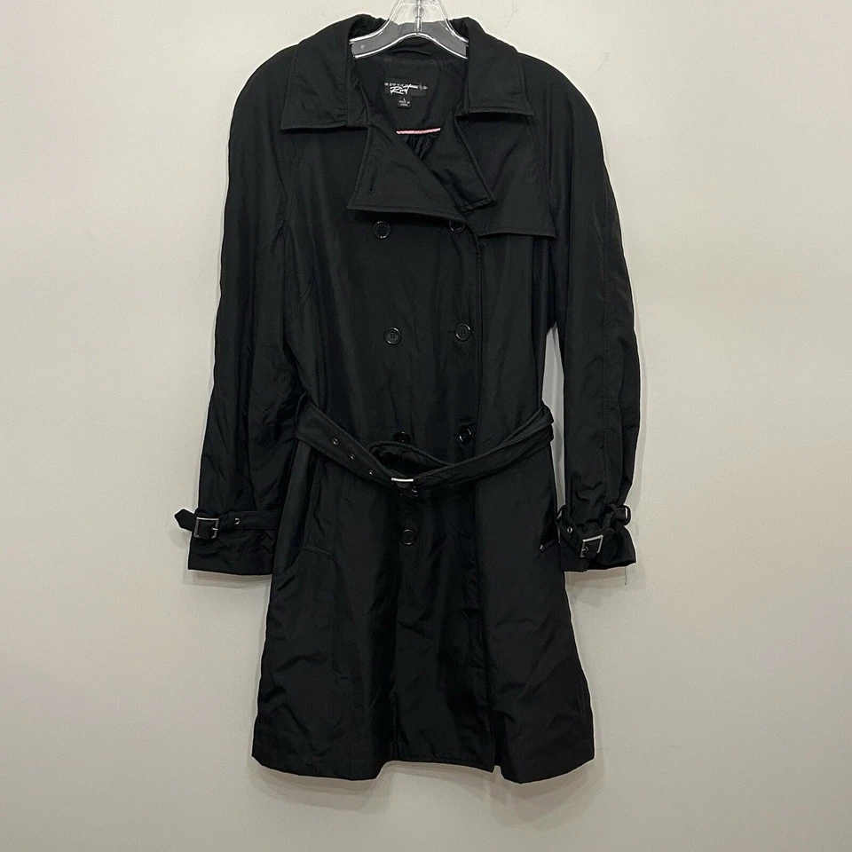 Black Rivet Light Belted Trench Coat Jacket Womens Large Black Belted Double - Image 1 of 4