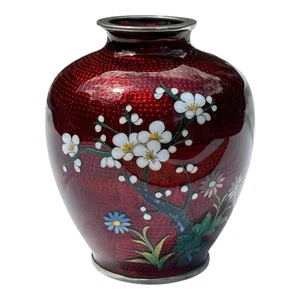 Japanese Red Ginbari Cloisonné Bamboo Cherry Blossom Vase 5 Inches Tall Silver - Picture 1 of 5