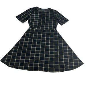 Vestido ModCloth línea A para mujer grande negro dorado a cuadros manga corta hasta la rodilla - Imagen 1 de 5