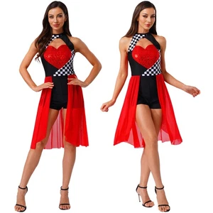 Womens Halloween Racer Checked Bodysuit Mesh Skirt Jumpsuit for Dress-up Party - Picture 1 of 22