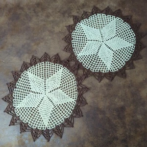 Lot of 2 Vintage Brown Beige Doily Doilies Crocheted 9.5 Inches Round - Picture 1 of 4