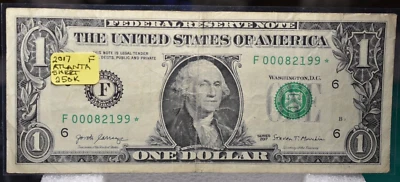 VERY RARE  2017 $1.00 SHEET  STAR NOTE  ATLANTA  LOW RUN 250K V NICE - Image 1 of 2