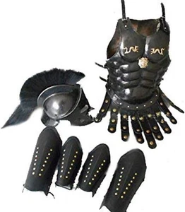 Medieval Armor Muscle Jacket 300 Spartan Helmet Black Leather Arm & Leg Guard - Picture 1 of 11
