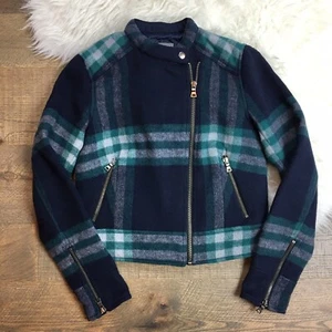 Giacca Moto Gap Navy Plaid Misto Lana Cappotto Asimmetrico Zip Trapuntato Donna XS - Foto 1 di 10