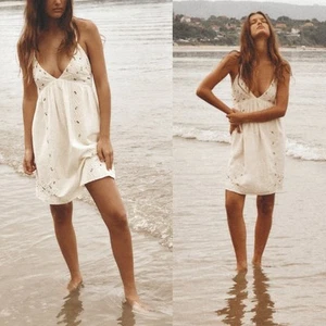 ZARA Mini Dress with Studs Sleeveless V-Neck Braided Straps Ecru White XL NWT - Picture 1 of 10