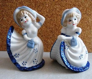 PAIR OF VINTAGE PORCELAIN WHITE & BLUE LADY BELLS IN BALL GOWN - Picture 1 of 4