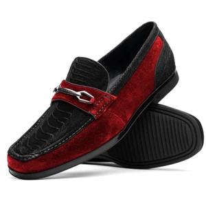 NUEVO Zapatos de Vestir Marco Di Milano Mocasín Cuero Gamuza Avestruz 2 Tonos Negro Rojo - Imagen 1 de 5
