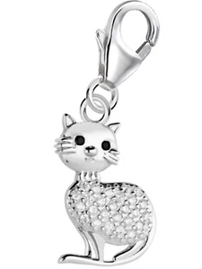 Charm Anhänger Silber Katze mit Zirkonia 925 Sterling Armband Karabiner Kater - Bild 1 von 3