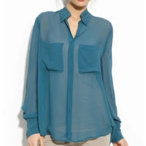 NWT BCBG Max Azria Emma Blouse Tahiti Blue Chiffon Long Sleeve High Hi Low S - Picture 1 of 1