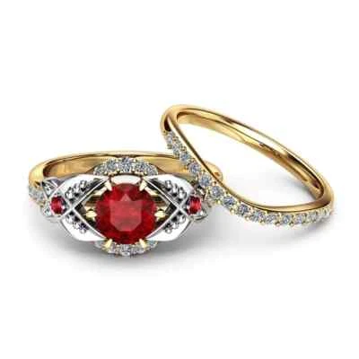 2.30CT Round Cut Lab Created Red Ruby Diamond Bridal Set 14K Yellow Gold Plated - Image 1 of 4