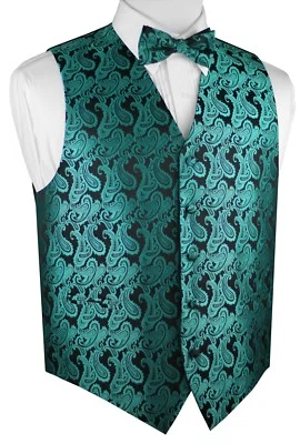MEN'S TEAL PAISLEY FORMAL DRESS TUXEDO VEST, BOW-TIE SET WEDDING PROM HOMECOMING - Image 1 of 4