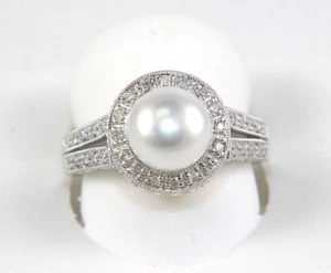 Freshwater Pearl & Diamond Halo Solitaire Lady's Ring 14k White Gold 9mm .32Ct - Picture 1 of 7