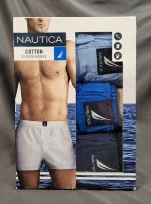 Boxers Tejidos Nautica 3 S Azul Marino con Logo de Velero y Asst Azul Sólido, Algodón Suave Foto 1 de 4