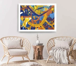 Painting Print, Wall Art, Blue & Yellow Framed Abstract Wall Art, Oil Painting - Picture 1 of 5